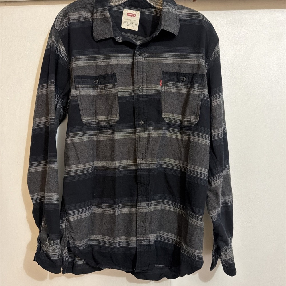Levi Large Men's Black Button Down Shirt  Black And Gray!